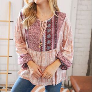 Boho Ethnic Patter Long Sleeve Baby Doll Smock Top Tunic Blouse Medium Sugarfox